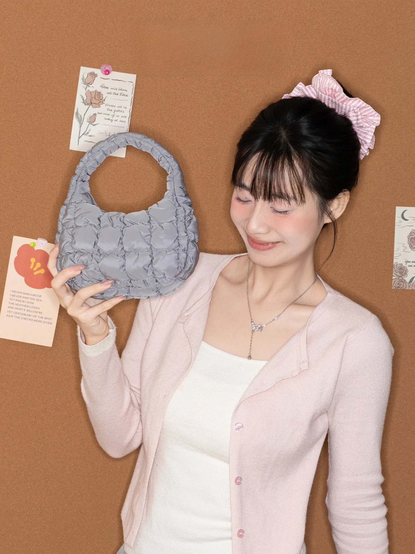 

Orange Girl Grey Folded Cloud Bubble Handbag with Pendant Casual Simple Style Spring Summer Soft Cotton Women Bag