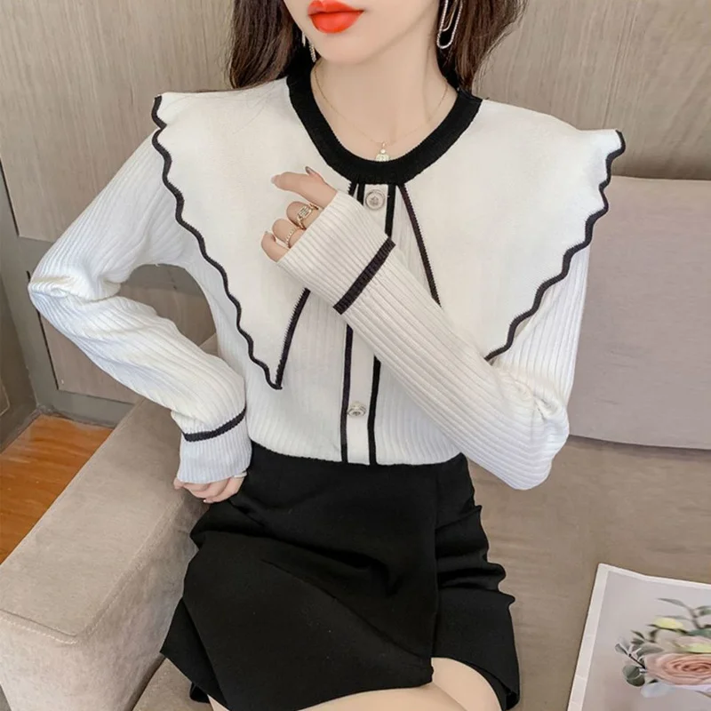 Women Elegant Chic Ruffle Peter Pan Collar Fashion Sweet Knitted Sweater Autumn Winter Slim Long Sleeve Chic Ladies Tops Jumpers