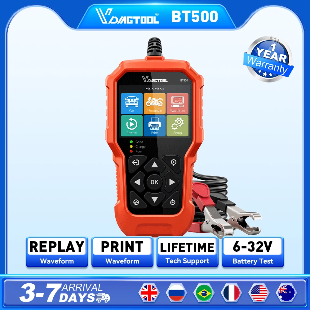 

VDIAGTOOL BT500 Car Battery Tester 6V/12V/24V 5-3000 CCA Automotive Motorcycle Truck Cranking Charging Battery Scanner Tools