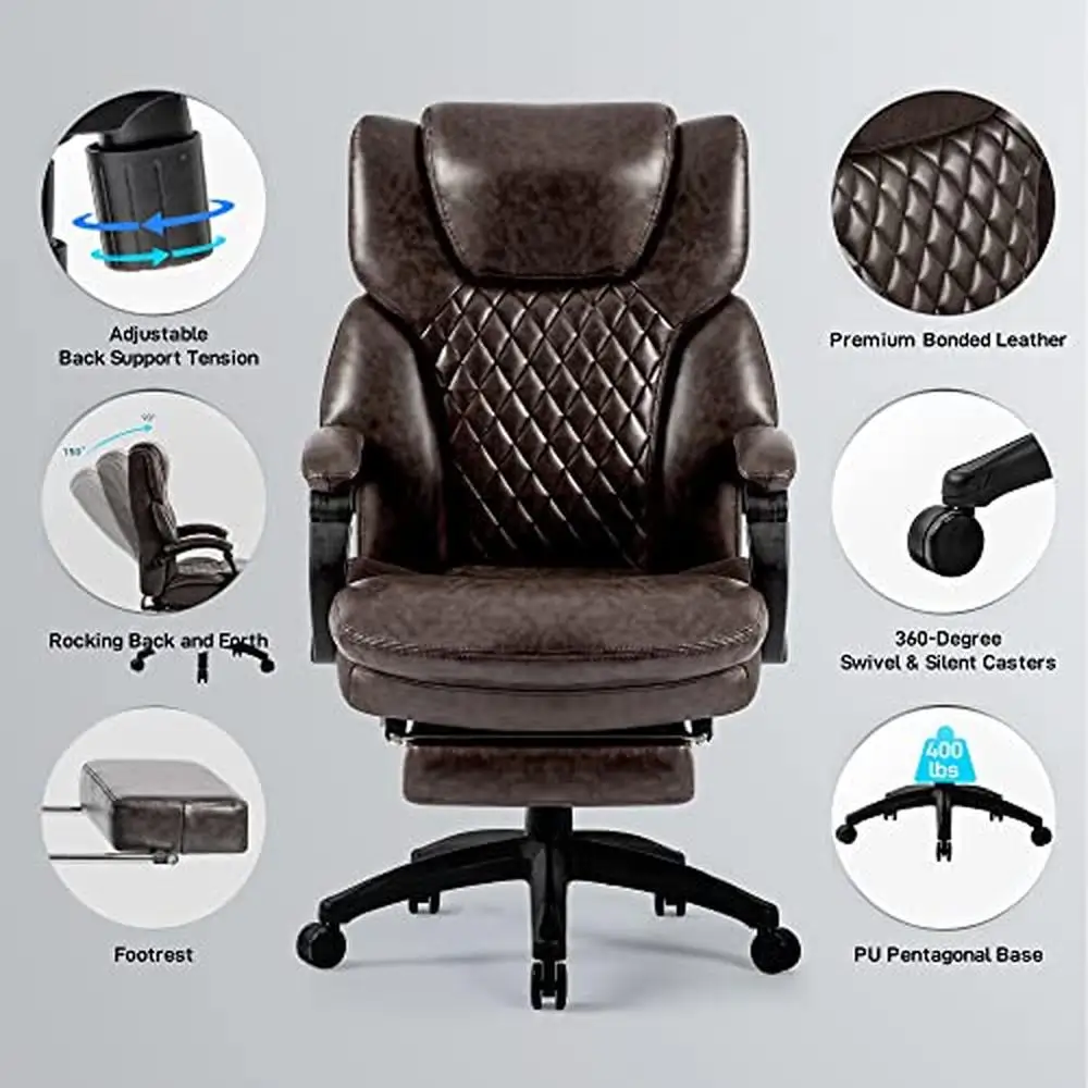 400lb High Back Office Chair with Footrest Adjustable Tilt Angle Large Bonded Leather Ergonomic Design 24-Month  Heavy Duty Base