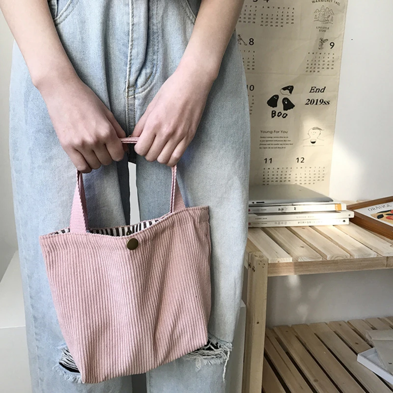 Lunch Bag For Women Portable Small Corduroy Tote Bags Mini Female Students Bento Picnic Food Bag Travel Handbags 2024 New