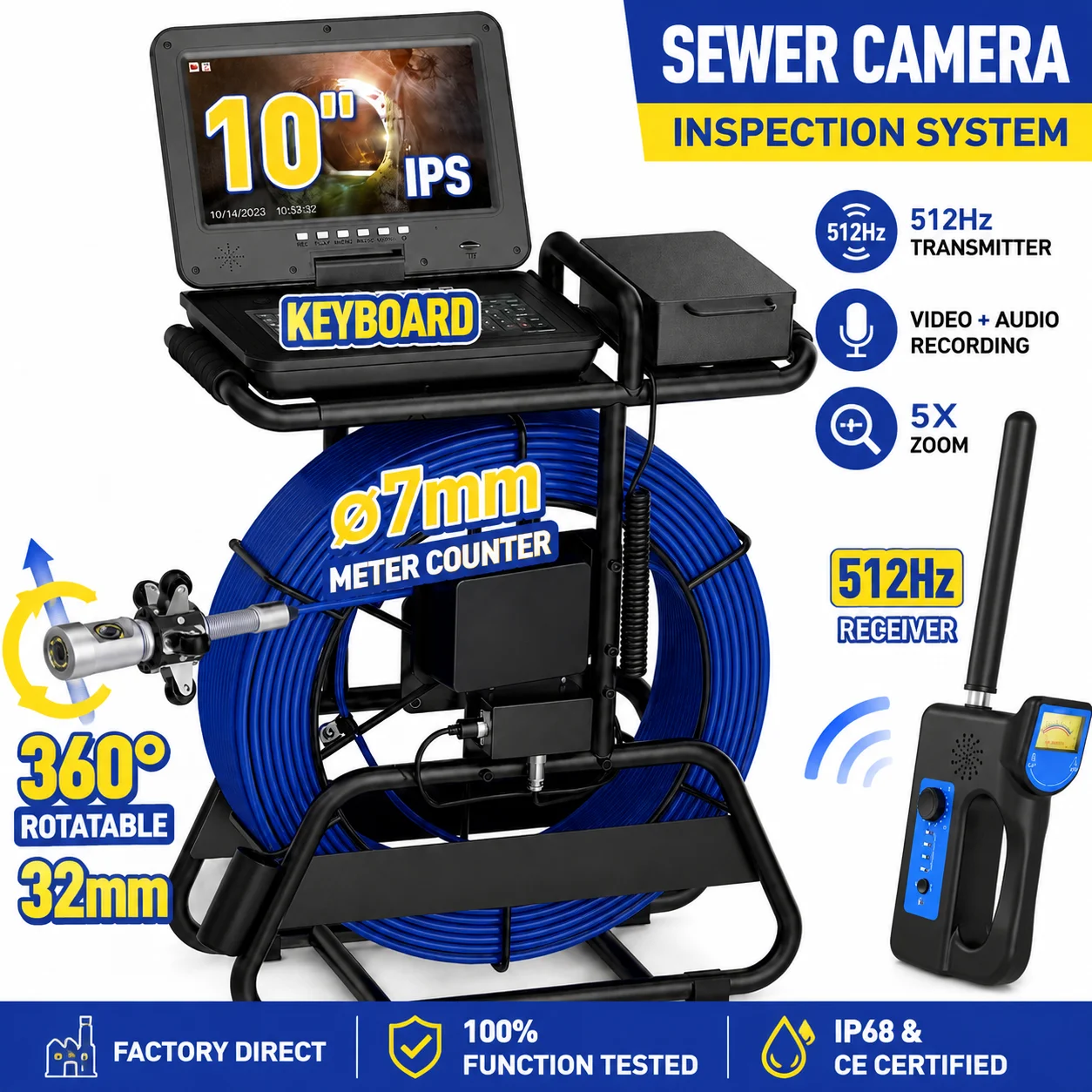 Sewer Camera Inspection 360 degrees 10″inch IPS+Cable diameter ø7mm+512HZ Transmitter Locator+512HZ Locator+Keyboard