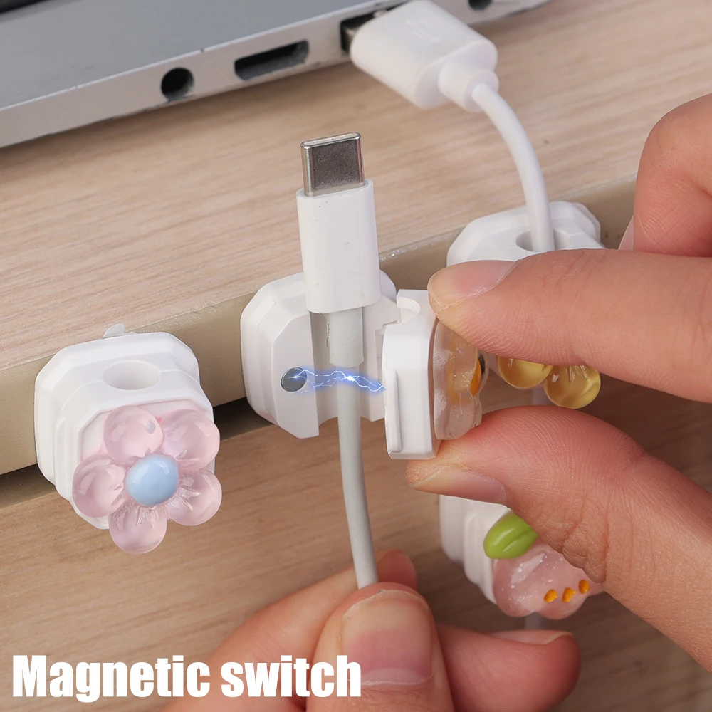 1/4PCS Cartoon 3D Flower Magnetic Cable Organizers Storage Clips Desktop Charger Data Cord Earphone Wire Magnet Fixed Holders