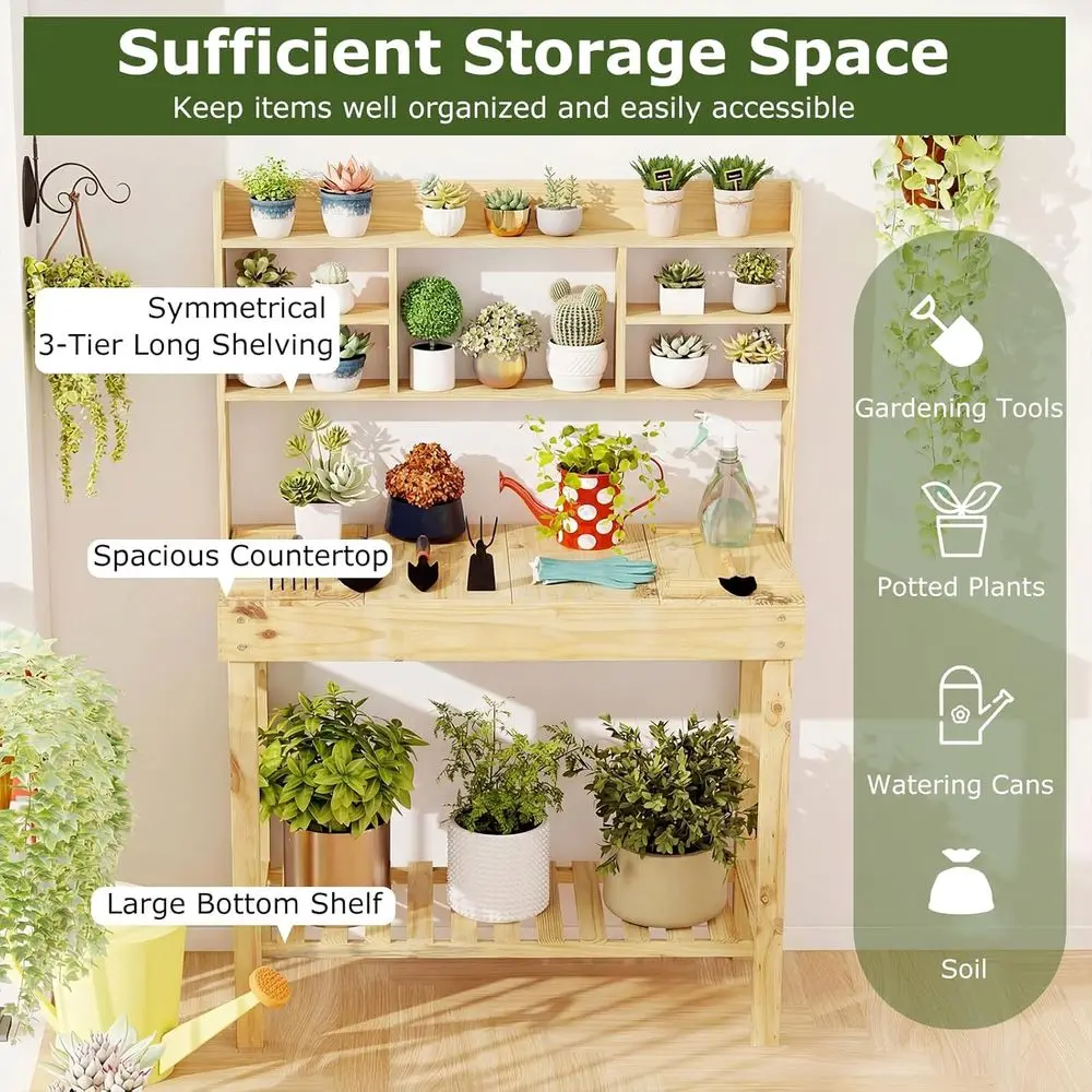 Potting Bench Table, 60” Wood Garden Work Bench Workstation with Storage, lip-Up Tabletop, Shelves & Hanging Hooks, Outdoor Gard - view 3