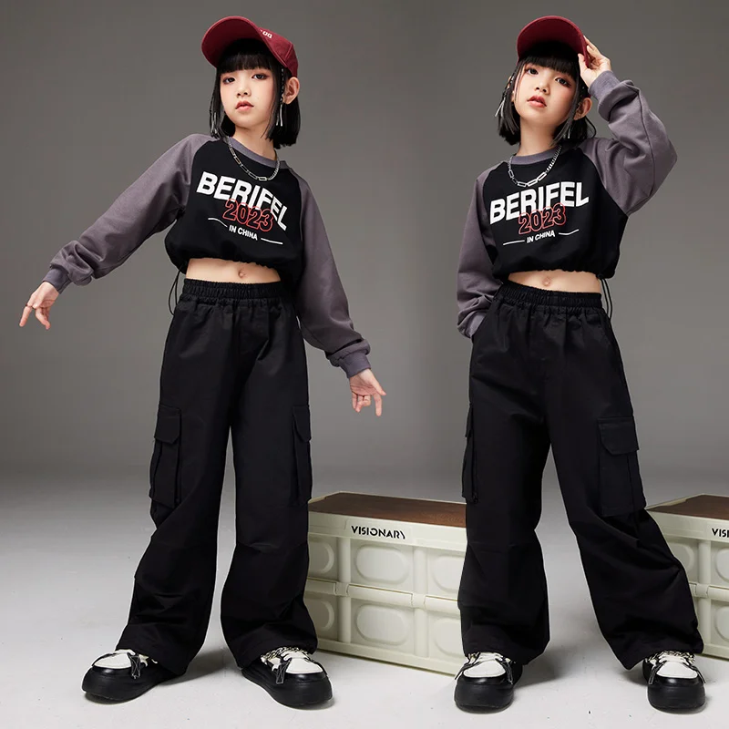 Girls Hip Hop Crop Tops Short Sweatshirt Cargo Pants Kids Jazz Streetwear Dance Clothes Set Children Teenage Dance Show Costumes