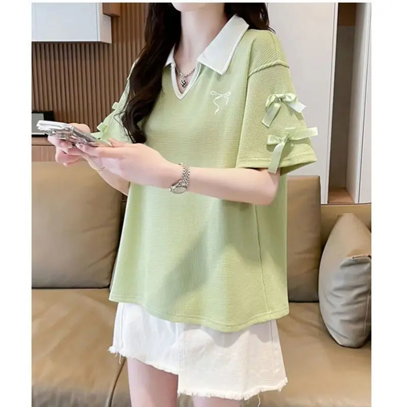 

Polo neck short-sleeved T-shirt for women 2025 summer new loose slim bow top for women