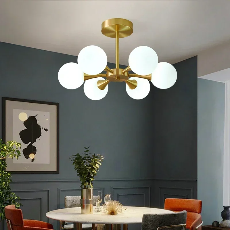 TechHPModern LED Copper Glass Ball Ceiling Chandeliers Home Indoor Lighting Fixtures Living Dining