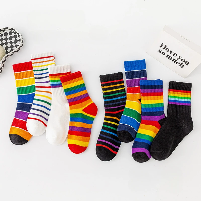 2024 Rainbow Stripes Trendy Children\'s Socks Cotton Socks Boys Girls Colored Unisex Babe Newborn Infants Toddlers Sock 1-5 Years