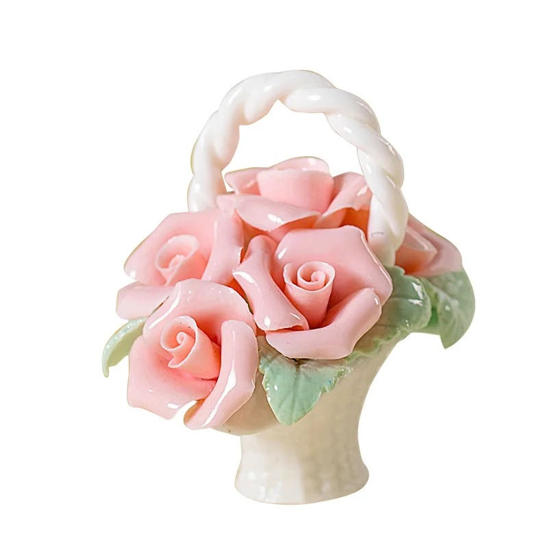 

Mini ceramic handmade flower basket, intangible cultural heritage pure handmade pinched flowers, rose girl heart ornament