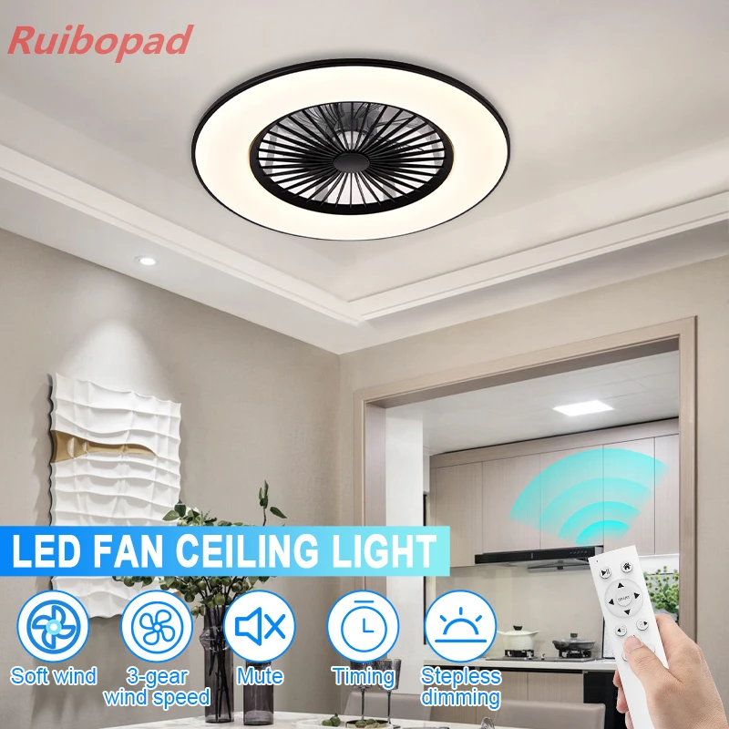 Imagem -02 - Inteligente Preto Moderno 56cm Redonda Ventiladores de Teto Lâmpada Baixo Teto Jantar Quarto Casa com Luz Led Controle Remoto para Ventilador Teto