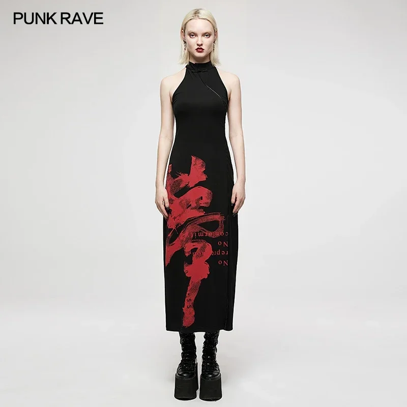 

PUNK RAVE Women's Dark Chinese Style Handwritten Ink "Dream" Print Dress Gothic Daily Neckline Buckle Slit Design Sexy Dresses