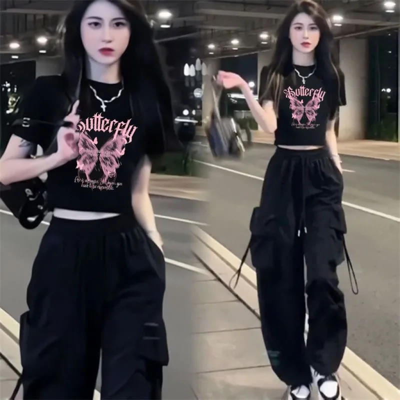 

Women's Cool Slim Butterfly Short T-Shirts Black Cargo Pants Two Piece Suits Lady Retro Tops Trousers Outfits 2025 New Clothing