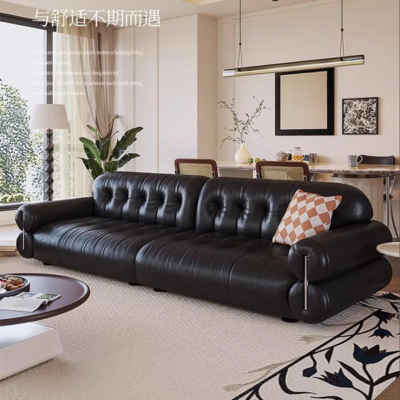 

HYS brown sugar black cloud sofa medium antique leather living room retro big black cow top layer cowhide sofa