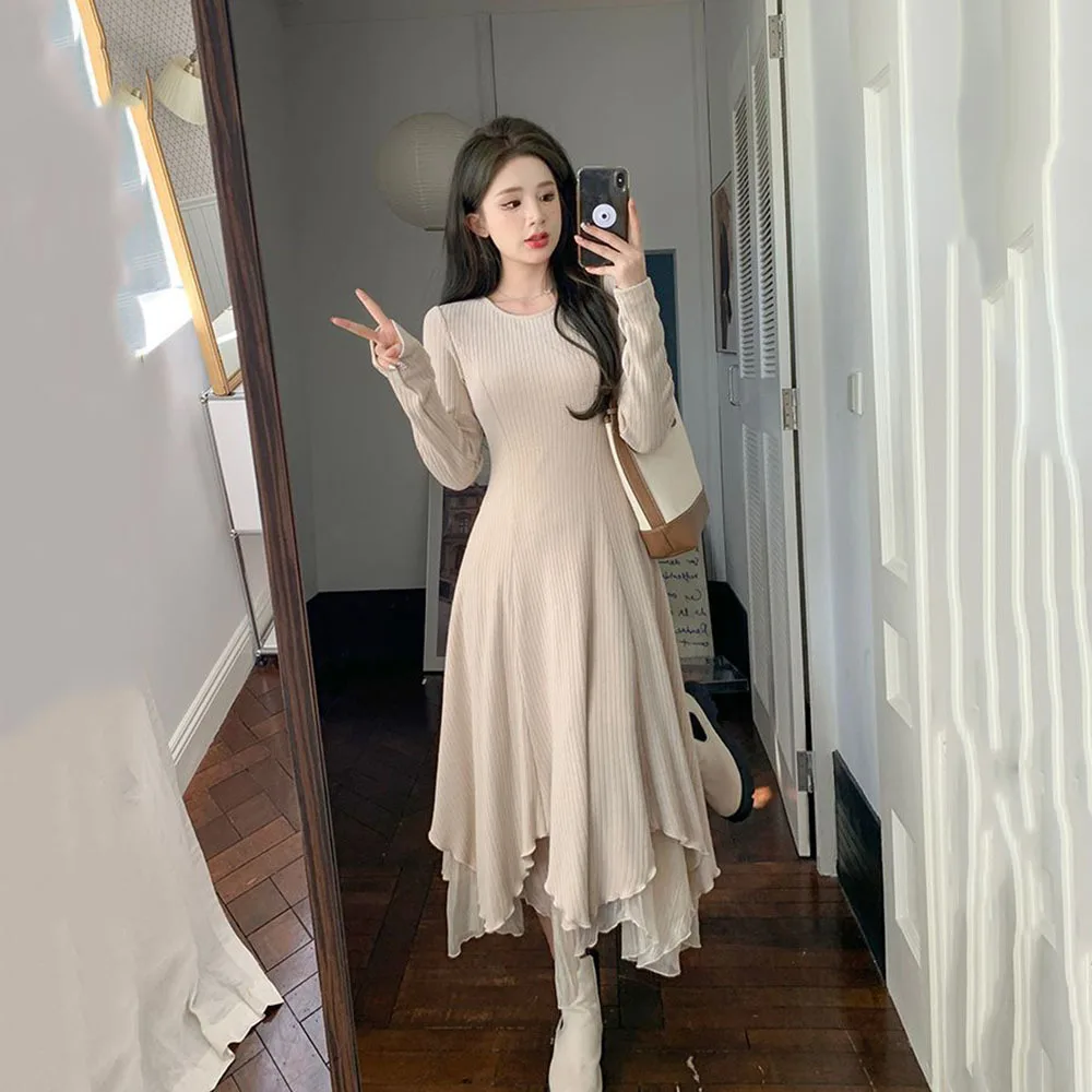 Autumn Winter Knitted Dress For Women Korean Fashion Mesh Patchwork Dresses Woman Elegant Irregular Long Sleeve Elastic Dress