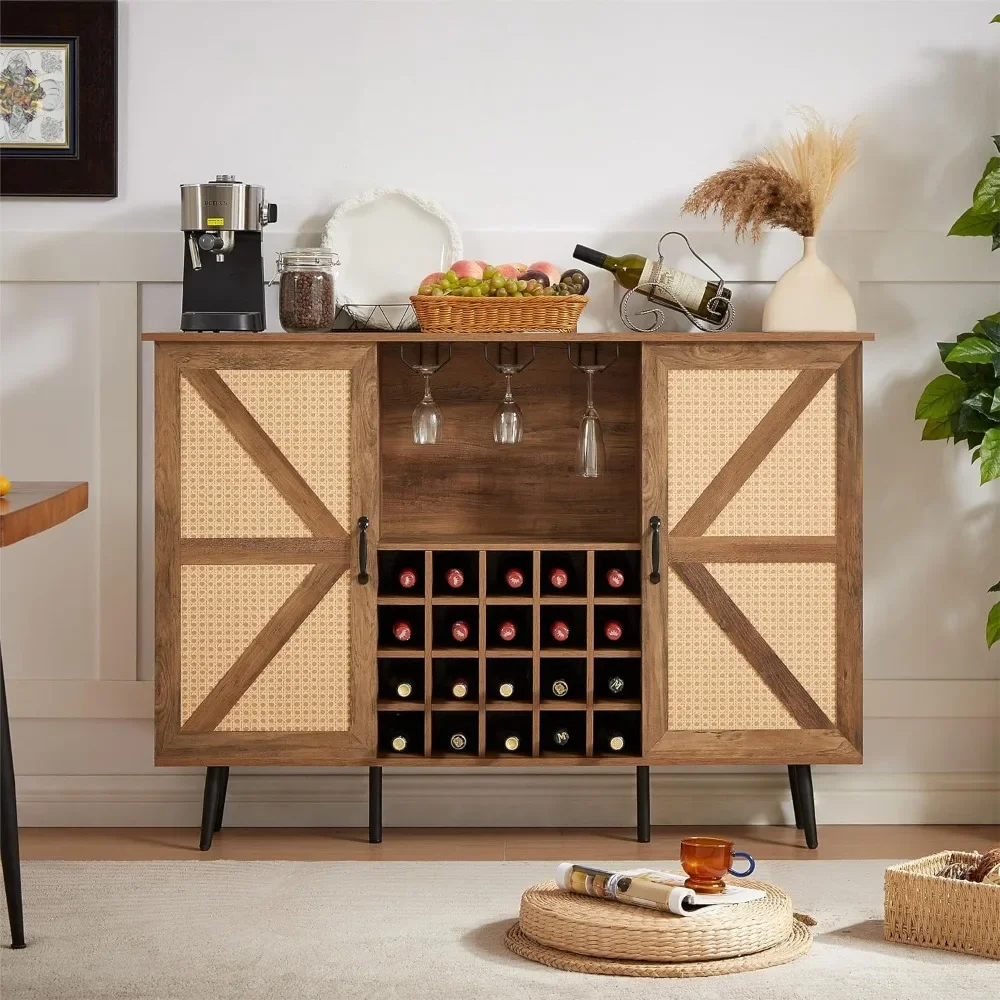 

Stylish Wine Cabinet with Removable Shelves and Faux Rattan Barn Double Door Design - Perfect for Storing Wines and Glasses