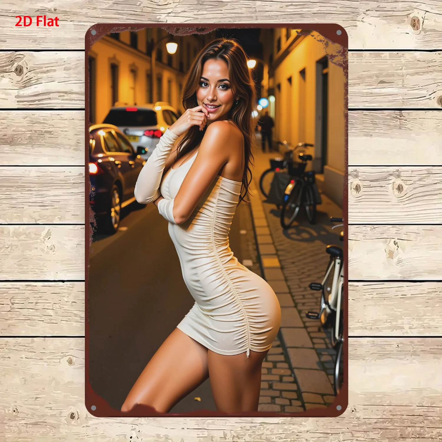 2D Tin Sign, Brunette Woman White Ruched Mini Dress Night City Street Vintage Rustic Wall Decor Plaque For Man Cave Garage Bar