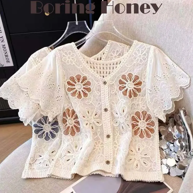 

Boring Honey Hollow Out Jacquard V-neck Short Sleeve T-shirt Summer Design Unique Sweet Floral Embroidered Short Top for Women
