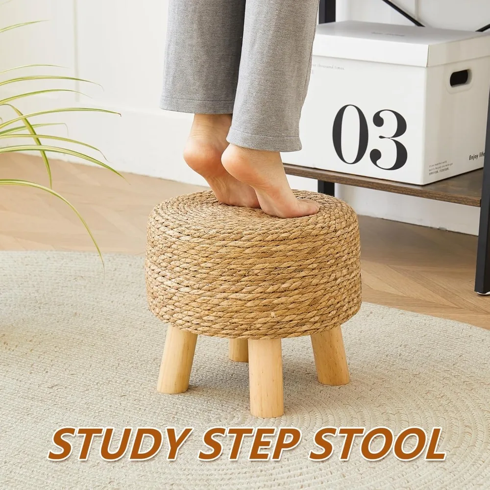 

Round Footstool with 4 Wood Legs, Hand Woven Round Footstool Sofa Stool, Multifunctional Modern Dressing Stool, Sofa Side Table