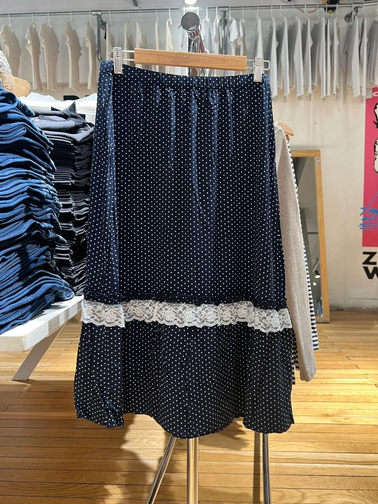 Polka Dot Navy Lace Patchwork Long Skirt Women Elastic Waist Vintage Casual A-line Faldas Summer Preppy Style Sweet Midi Skirts