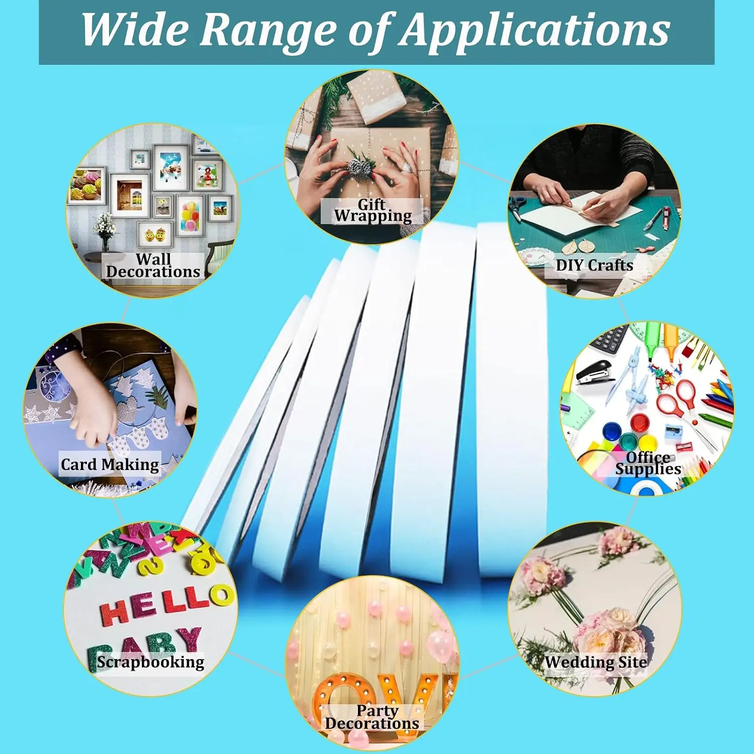 Double sided tape,various sizes, suitable for art, photography, gift boxes, scrapbooks, business card printing, paper backing