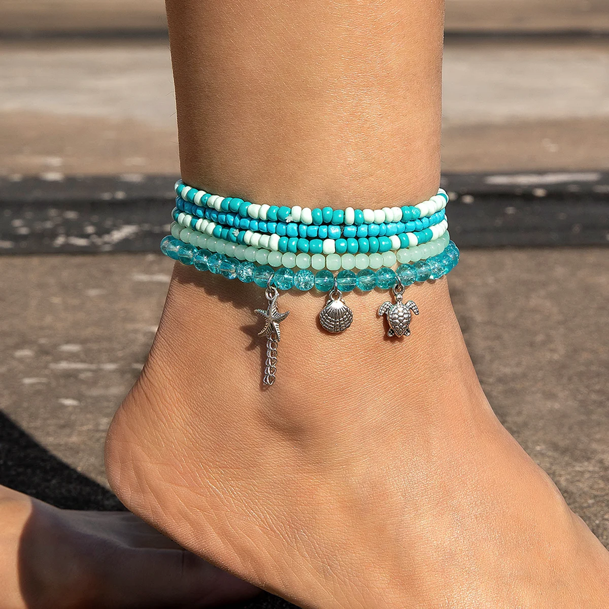 Tocona Bohemian Glass Beaded Foot Chain Set Alloy Sea Star Turtle Pendant Women's Summer Beach Jewelry Accessories