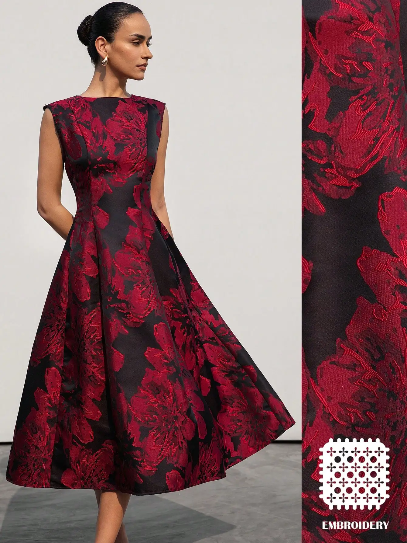 

Элегантное платье А-силуэта без рукавов с красным цветочным жаккардовым узором, заниженной талией и V-образным вырезом