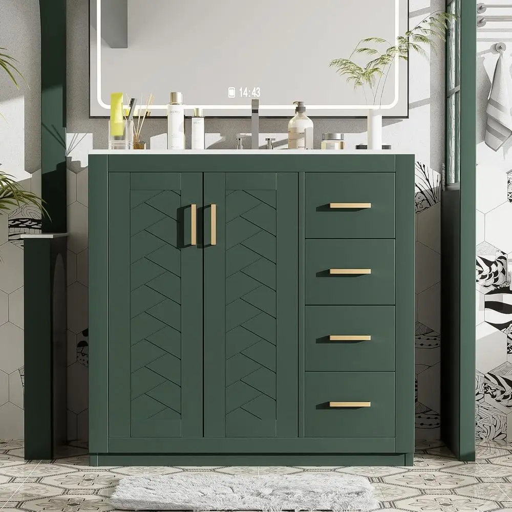 

Тумба для ванной 36 дюймов с раковиной, отдельно стоящая тумба для ванной с одной раковиной и 2 дверцами и 3 ящиками, элегантный дизайн «ёлочка»