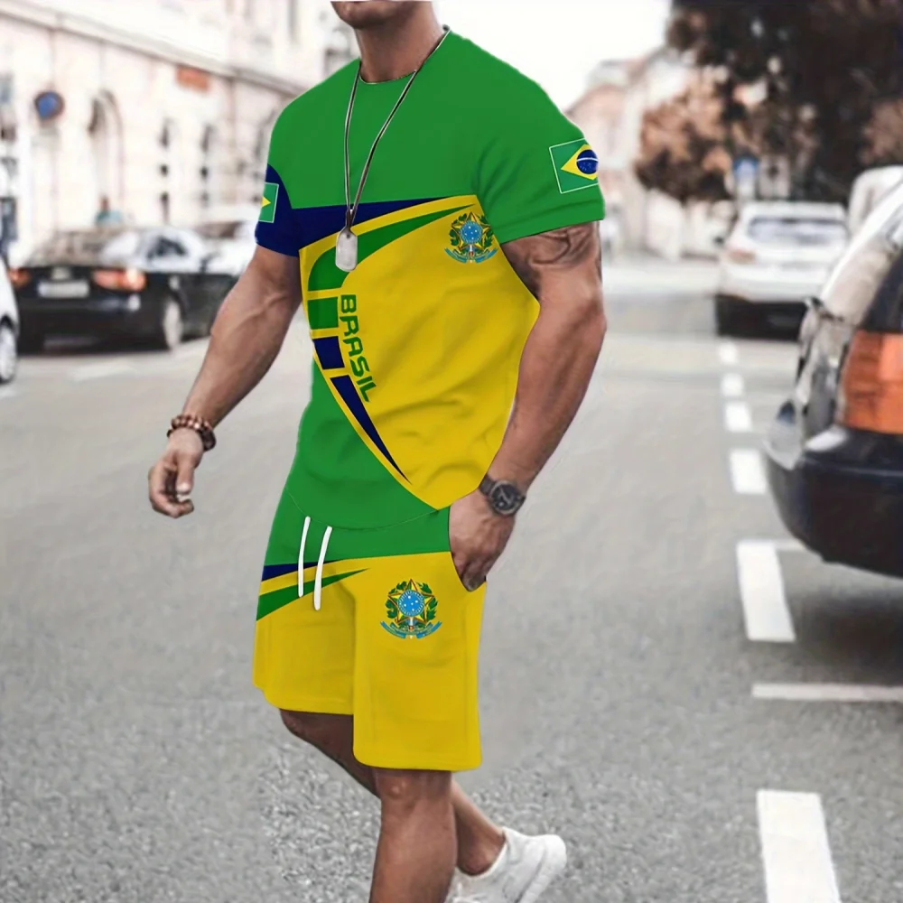 

3D Cartoon Bear Print Men's T-shirt And Shorts Set Summer Street Fashion Men's Short-sleeved Everyday Casual Men's Beach Shorts