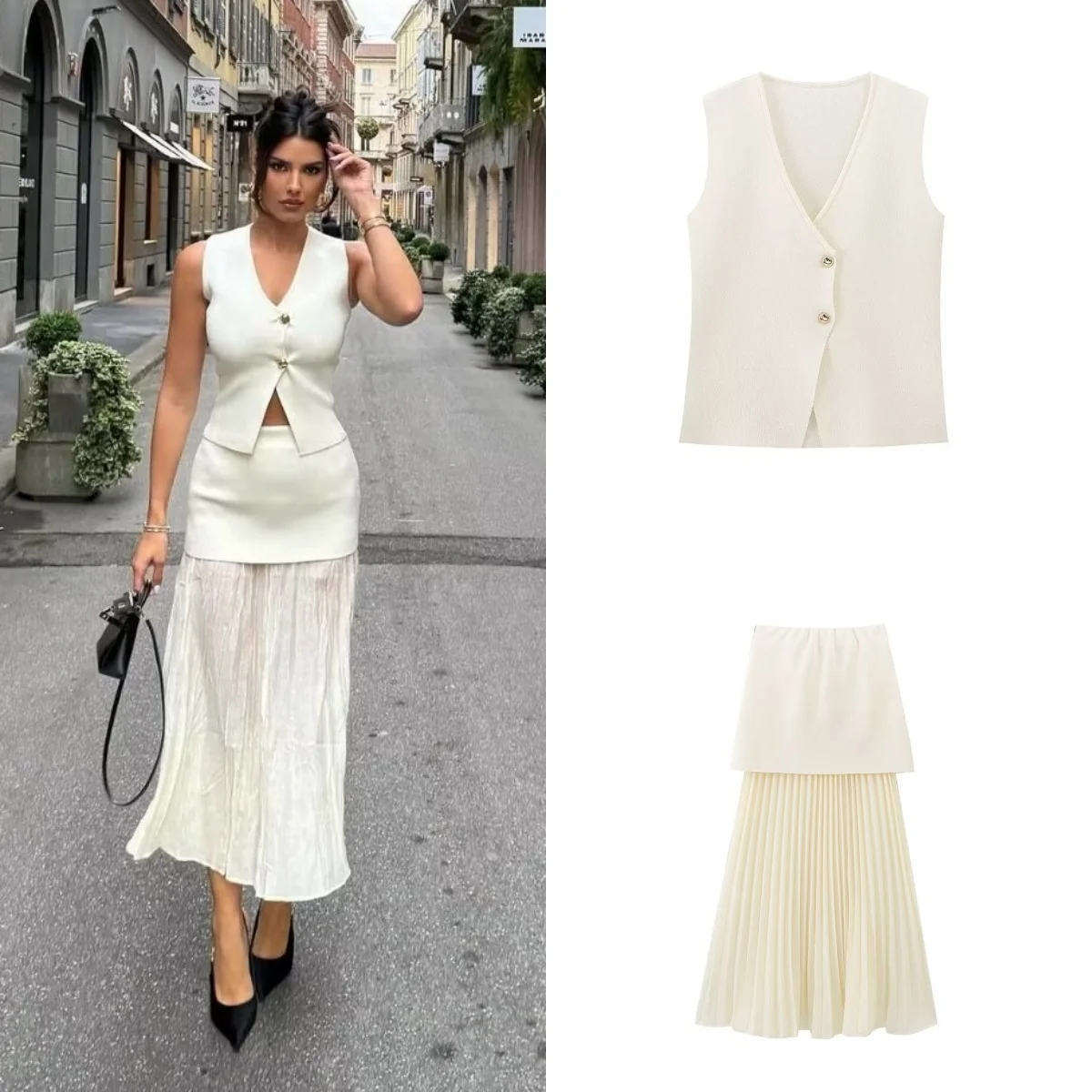 PB&ZA 2024 Women\'s Summer New Fashion Gold Button High Waist Knitted Vest Pleated Spliced Half Skirt Set