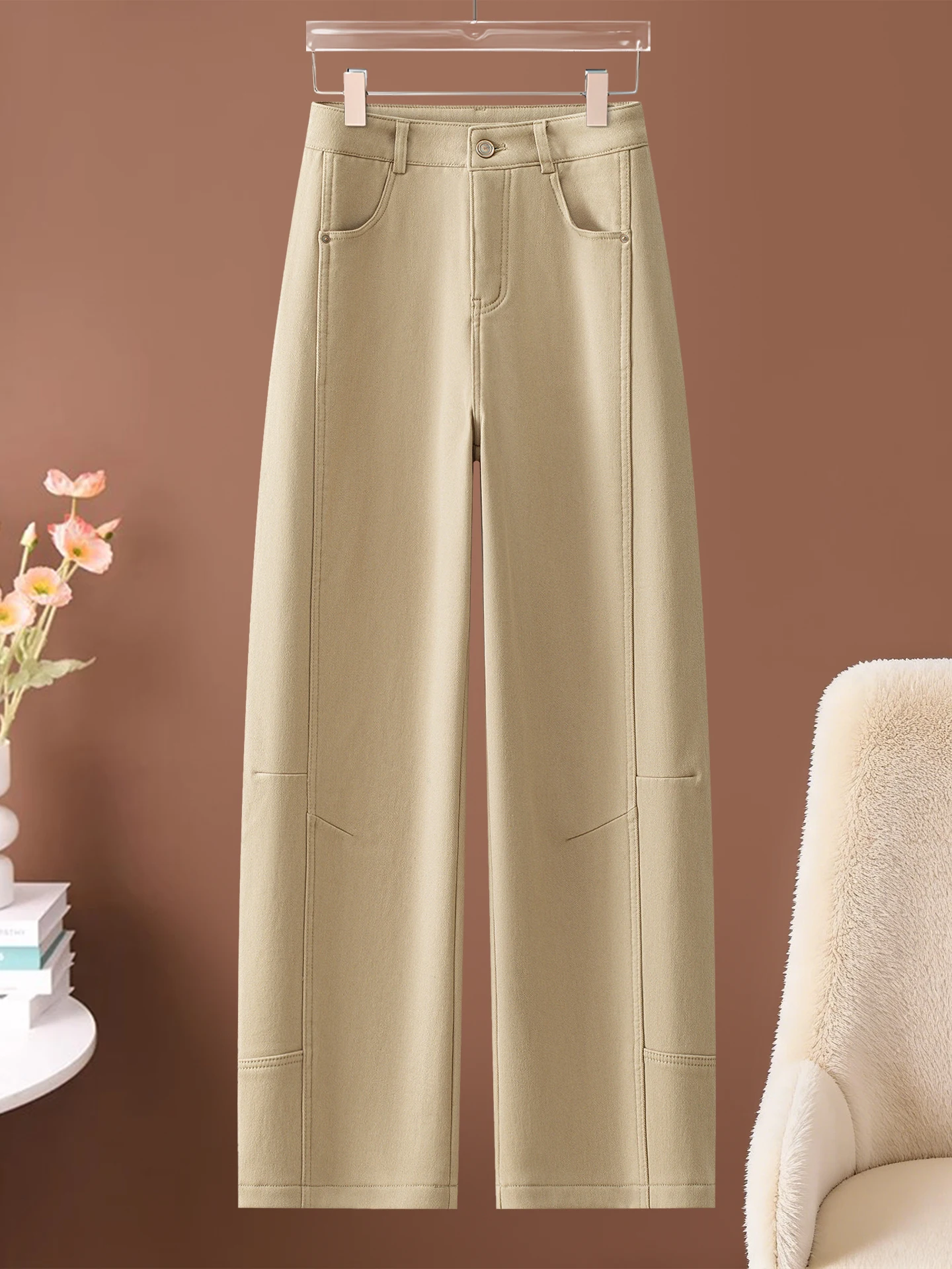 

Женские джинсы цвета хаки с высокой талией, повседневные, на флисовой подкладке, прямого кроя, утягивающие, для весны, осени и зимы, новая модель