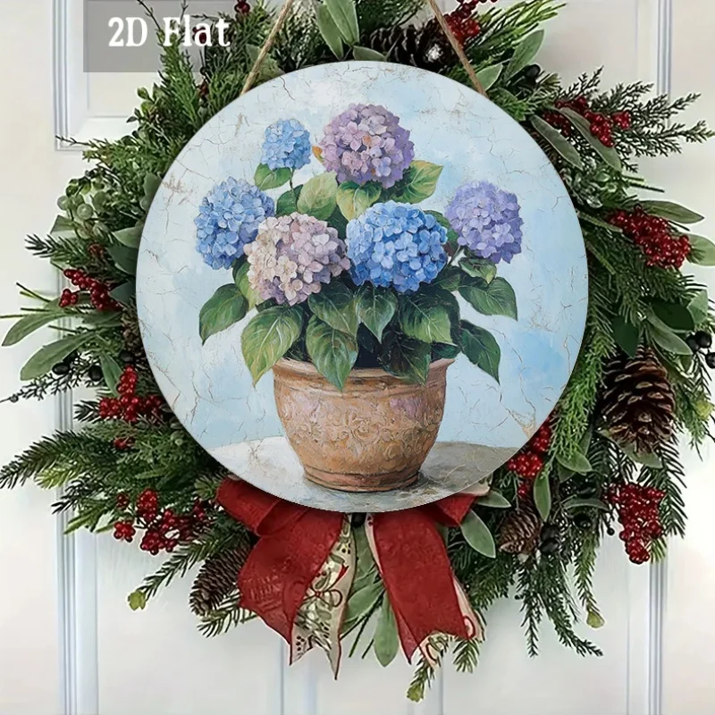 2D Flat - 1pc Hydrangea Flower Wooden Panel Artwork, Earthy Pot Wooden Wall Decoration, Pastel Colored Wall Art - Round Canvas W