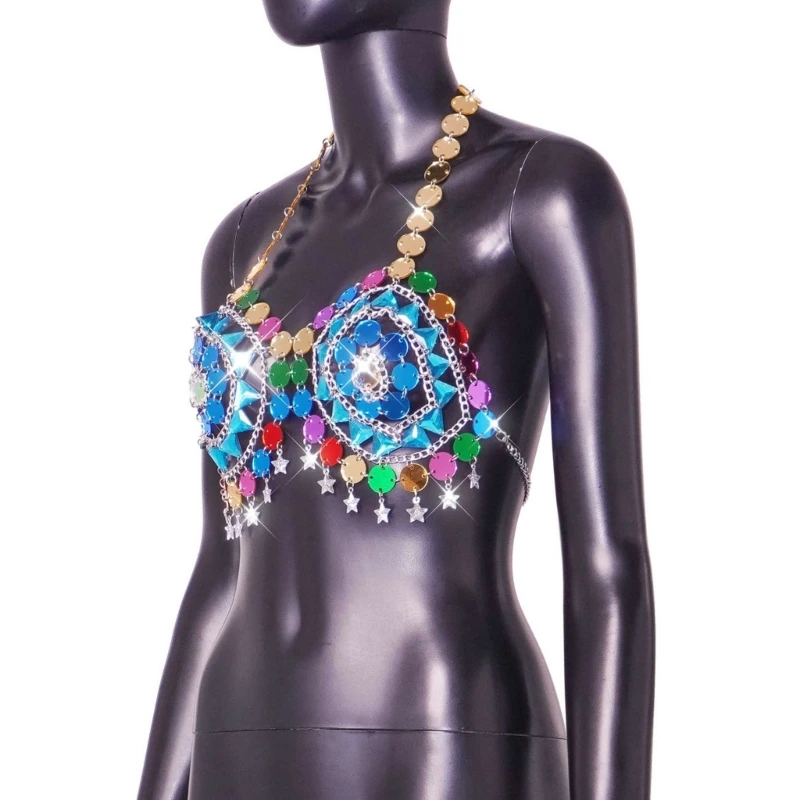 Colorful Sequins Halterneck Bra Star Tassels Body Chain Crop Top Party Outfit Dropship