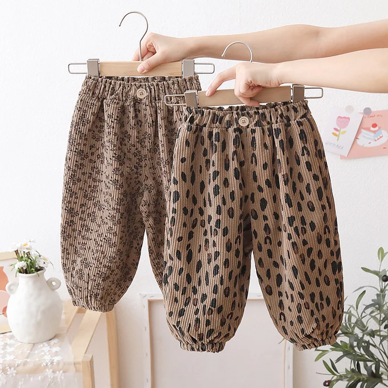 Korean Style Toddler Girls Corduroy Harem Pants 1-8Y Leopard Floral Print Autumn Winter Lined or Thin Casual Pants