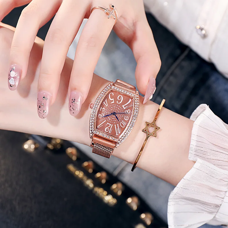 Womens Quartz Watch Diamond Studded Barrel Shaped Rose Gold Magnetic Mesh Strap Large Clear Numeral On Dial Fashion Ladies Watch