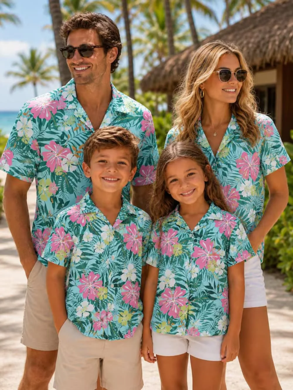 Sommerliches Familien-Strandhemd für Herren im Hawaii-Stil mit Tropenmotiv, Sandburg- und Palmen-Print, Urlaubsgeschenk, Kinder-T-Shirt – Detail 8