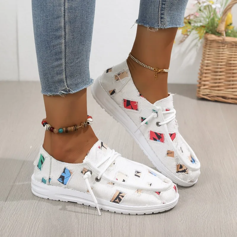 Spring and Autumn Canvas Shoes Women's Lightweight Flat Shoes Women's Breathable Fabric Brand Design Printed Women's Shoes