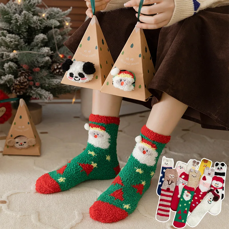 Winter Warm Fluffy Christmas Socks Wholesale Festive Atmosphere Mid-Tube Cute Cartoon Coral Velvet Thick Socks