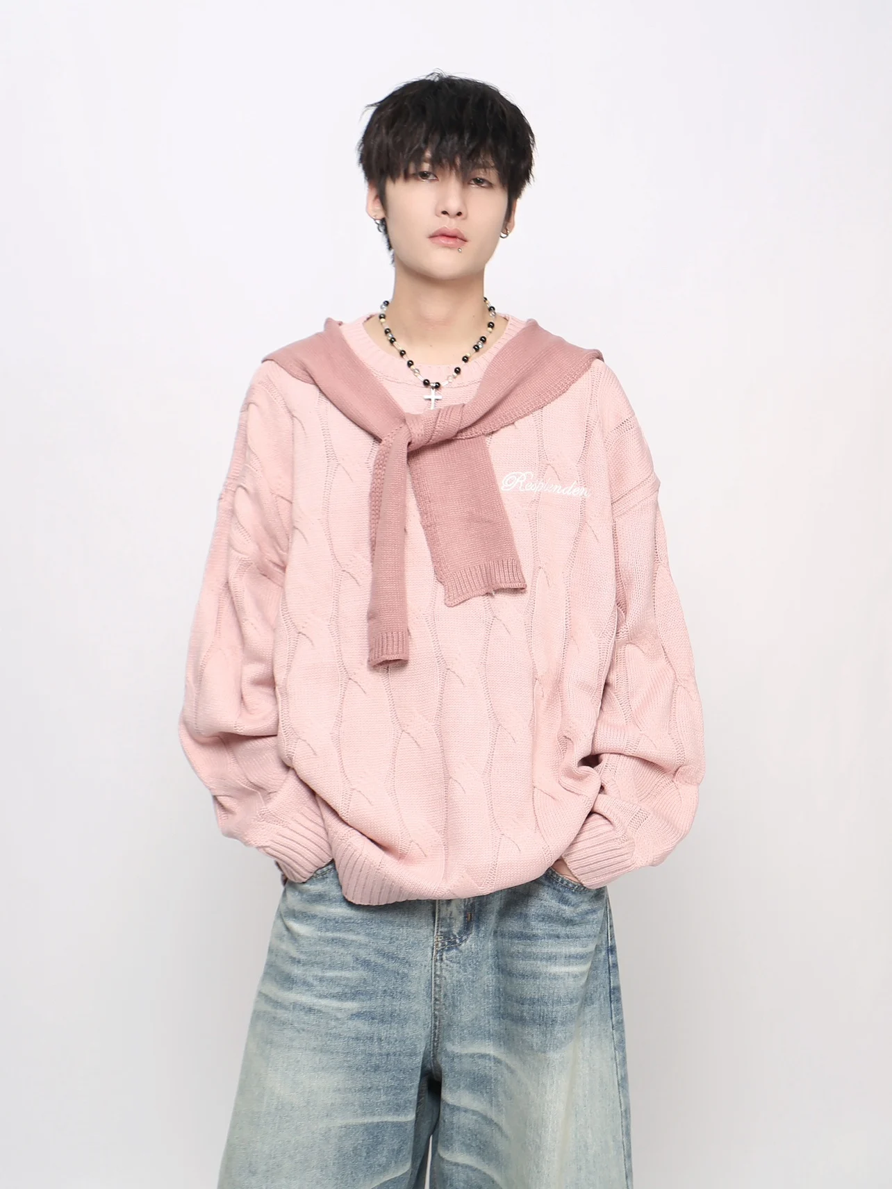 2025 Autumn Winter American Style High-End Men's Gray Shawl Knitted Top Loose Retro Casual Couple Pink Crew Neck Sweater