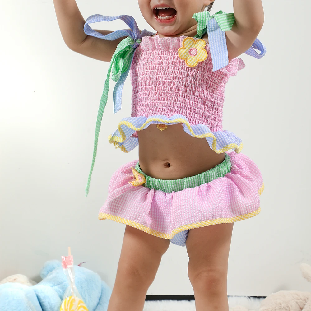 Traje de baño de verano para niñas pequeñas, bañadores de una pieza Seersucker de retazos bonitos de dos piezas para niños, playa sin mangas