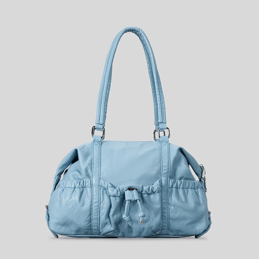Fashion Ruched Bowling Bag for Women Designer Lady Handbags Luxury Soft Pu Leather Shoulder Bags Punk Underarm Bag 2025