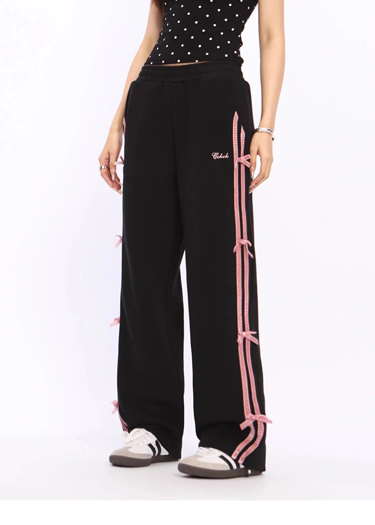 Pink Bow Embroidery 2 Piece Set Women Y2k Sweet Korea Zipper Jacket Wide Leg Pants Two-Piece Sets Harajuku A-line Skirt Suits