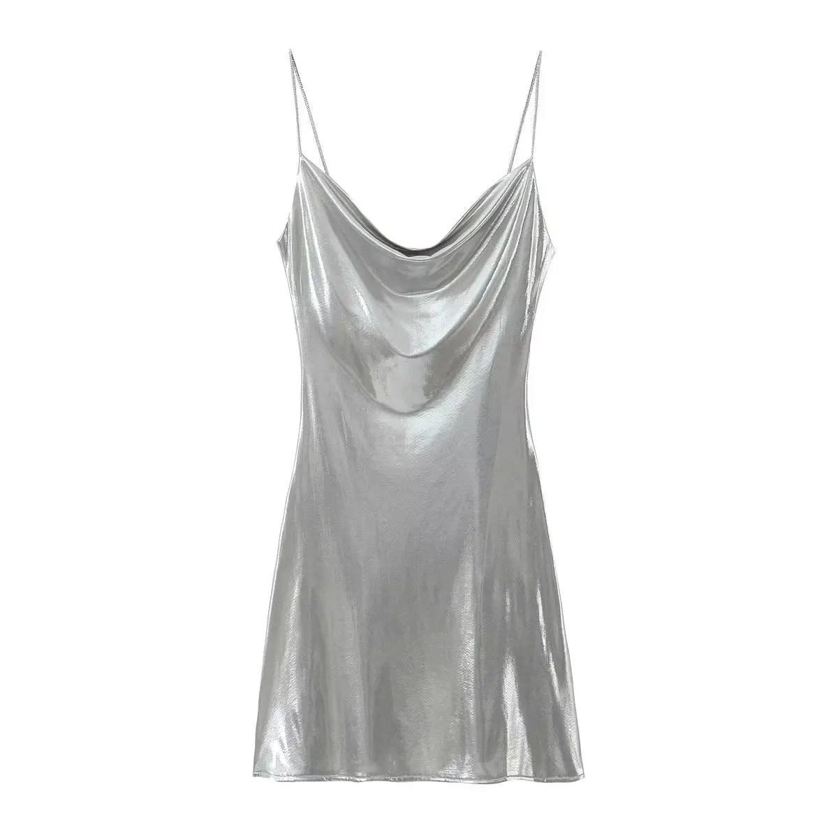 Summer Women Shinning Metallic Color Sling Mini Dress Female Chic Pleat Design Casual Slim Party Vestidos DS5000