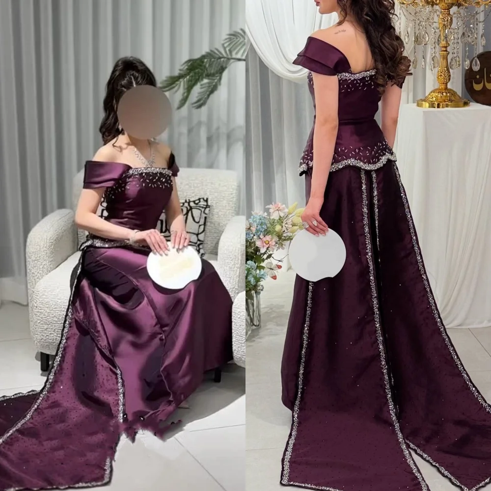 

Customized High Quality Exquisite Charmeuse Rhinestone Sequined Straight Off-the-shoulder Long Dresses Bespoke Occasion Dresses