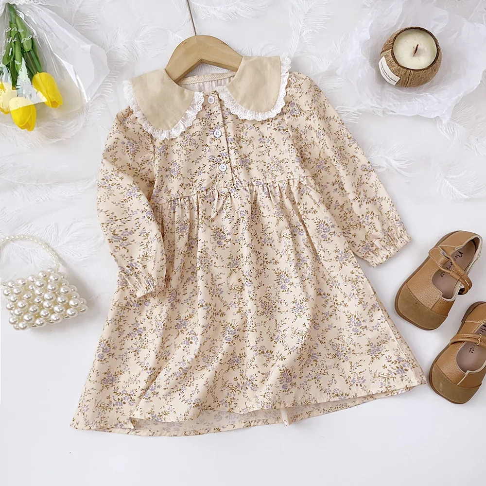 3-7 Years Old Autumn Flower Print Girls' Casual Dresses with Lace Doll Collar Long Sleeved Dress for Children's Casual Wear