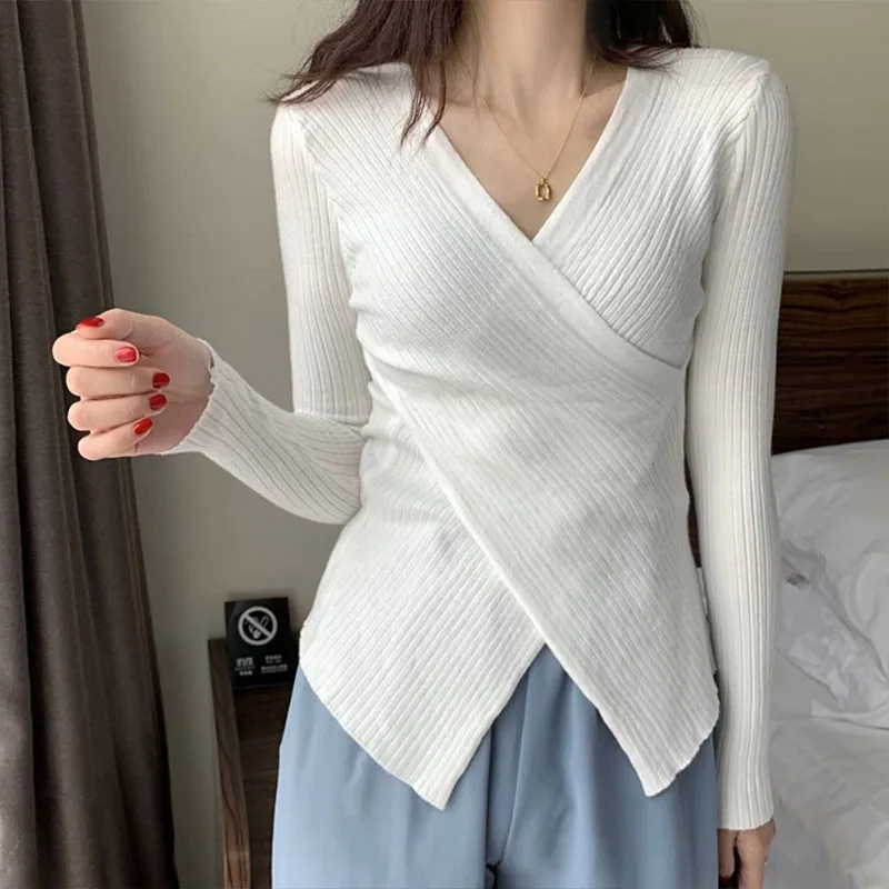 Women Clothing Fashion Chic V-Neck Knitted Top Spring Autumn Crossover Design Knitwear Office Lady Commute Soft Comfort Pullover