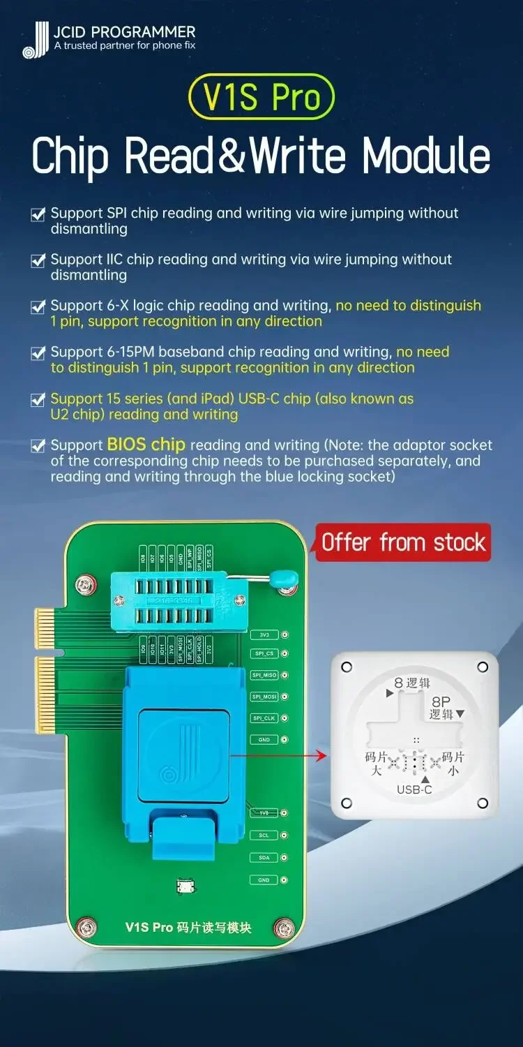 JC V1S PRO Logic Baseband EEPROM Chip Read Write Module Non-removal Programmer for IPhone 6-15 Pro Max iPad Reading Writing.Tool