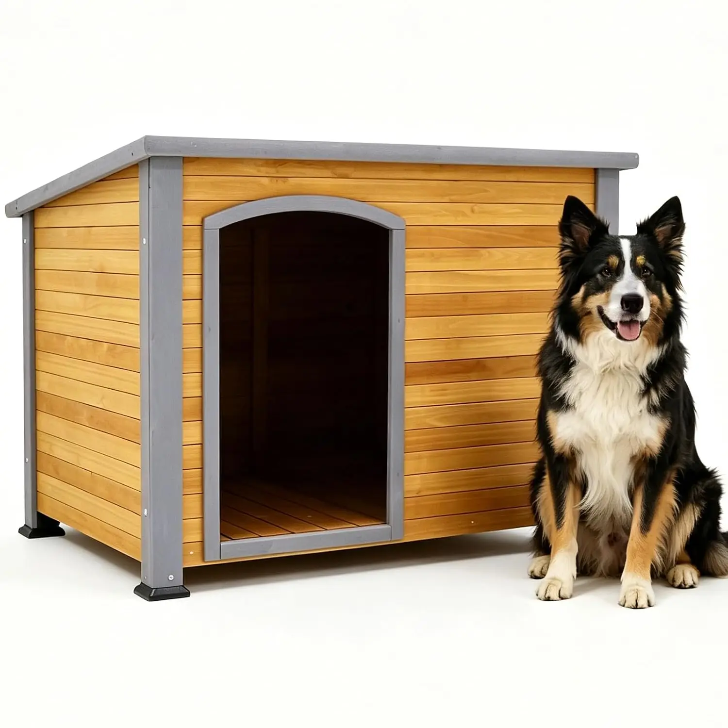 XL Wooden Dog House Outdoor Weatherproof Raised Feet Insulated Kennel Big Dogs Winter 44.5