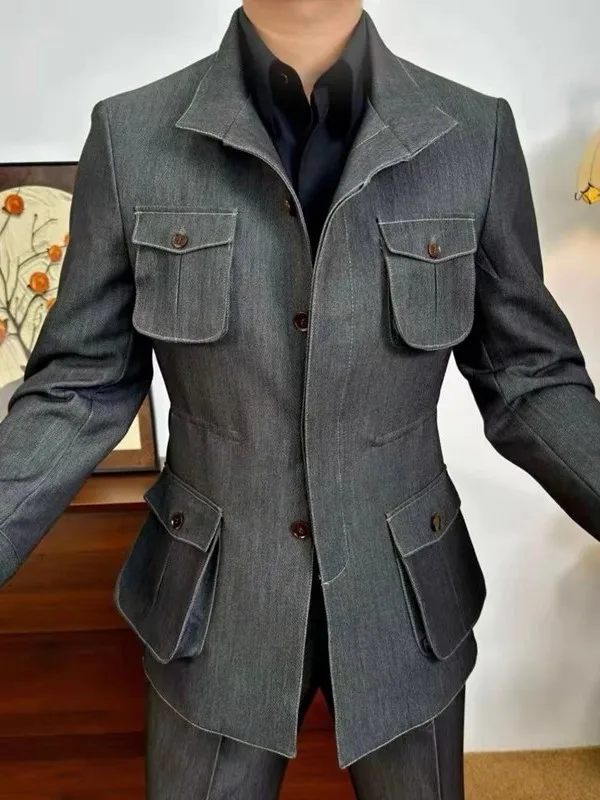 

Новый мужской повседневный джинсовый костюм-двойка 2025 года: приталенная куртка с воротником и брюки, модный комплект для охоты с множеством карманов