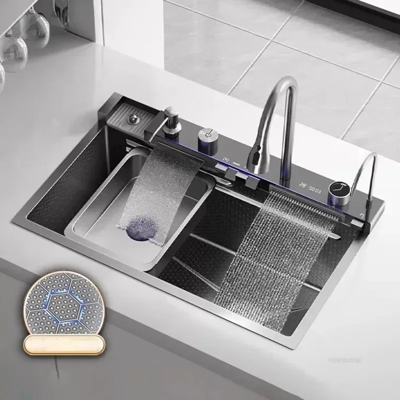 Fregadero de cocina grande con ranura única, fregadero de cascada de lluvia de acero inoxidable 304, lavabo para lavar platos en forma de panal para el hogar, accesorios de cocina