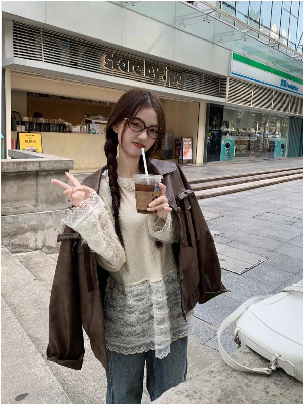 أوائل الخريف بو الجلود Jaet المرأة الشتاء الأمريكية عقدة صغيرة دراجة نارية ort معطف خمر فضفاضة تناسب سستة #5